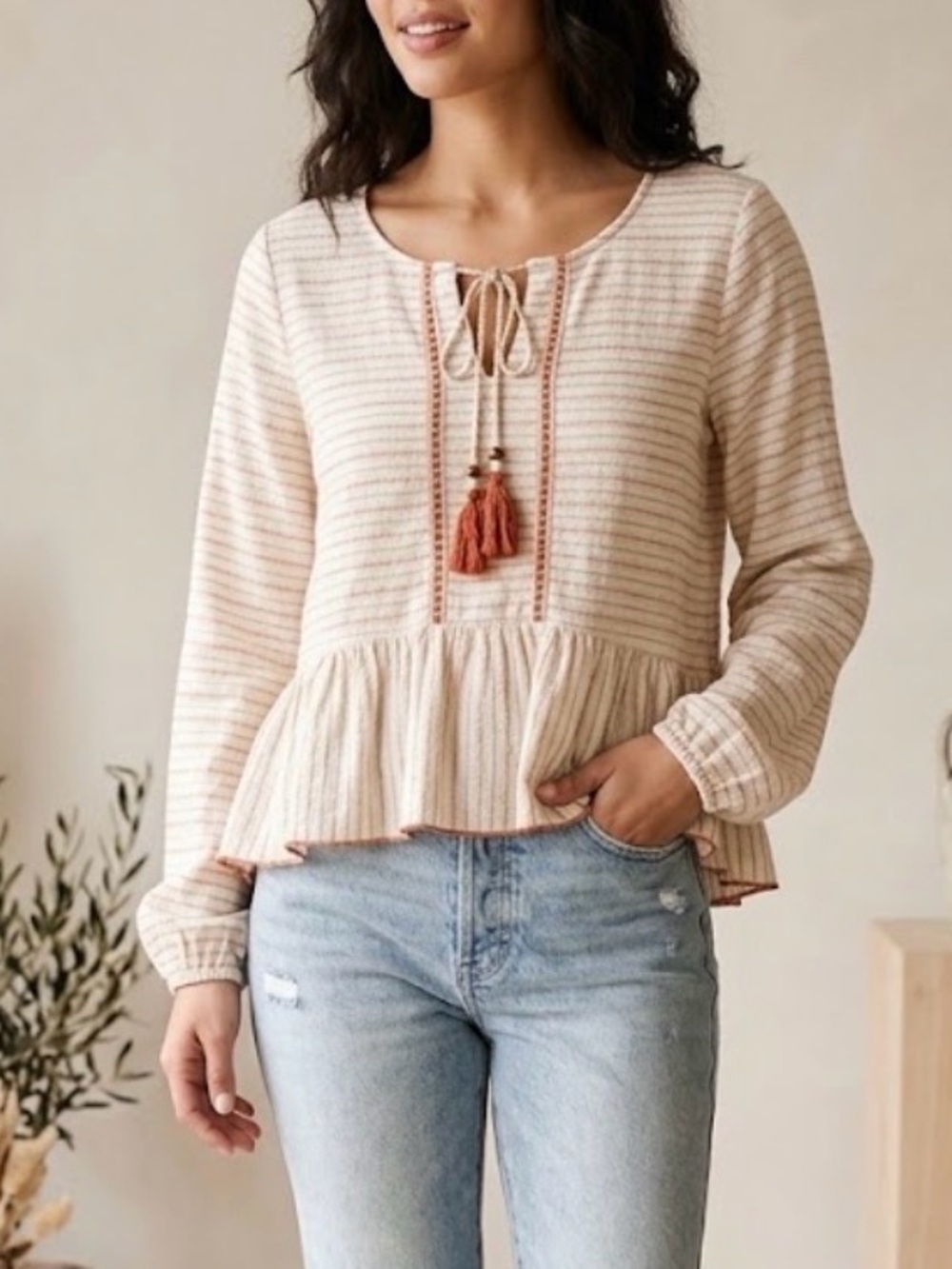 Hem & Thread Boho Striped Peplum Blouse Size Large Tassel Tie Long Sleeve